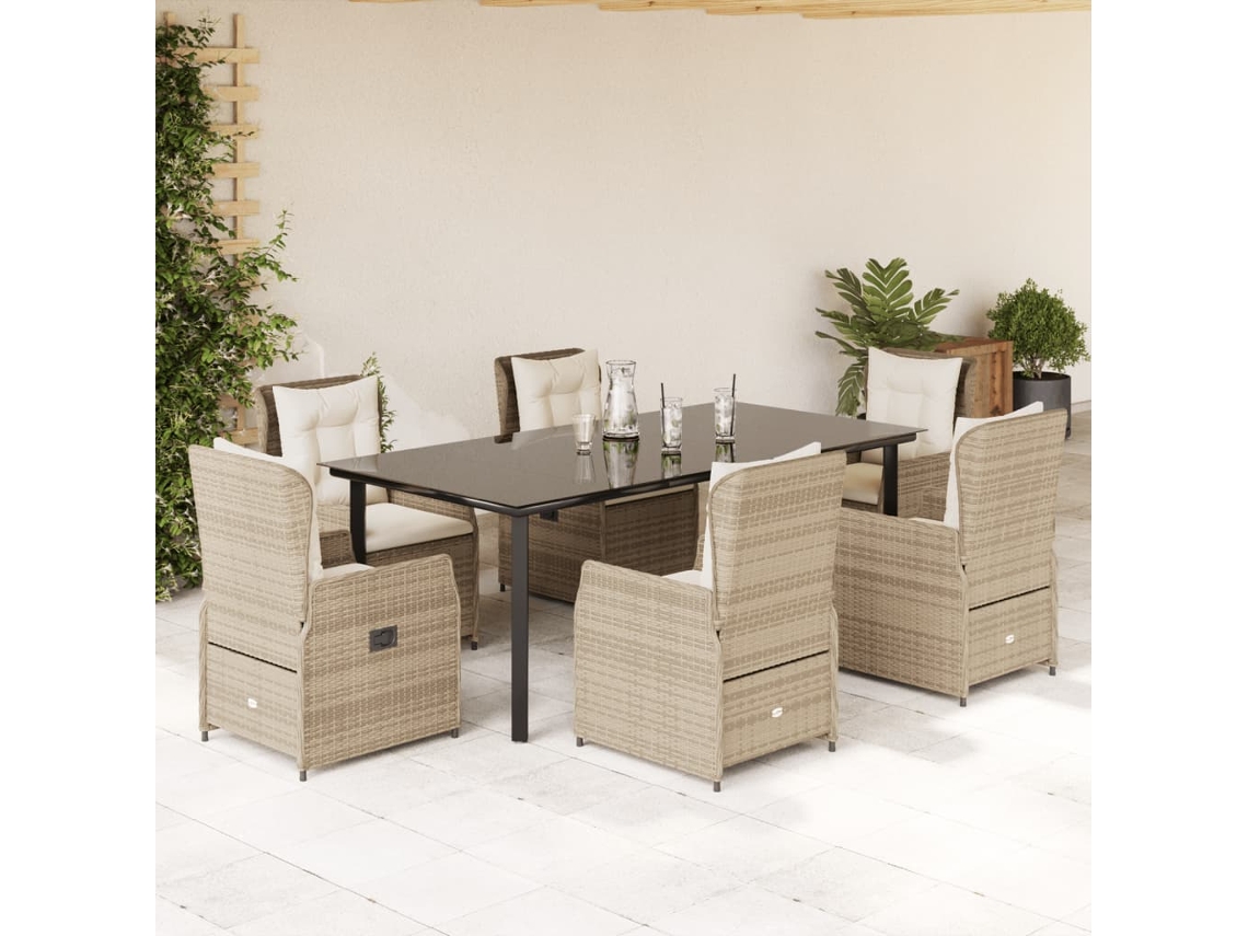 Conjunto 7 Peças Jantar P/ Jardim Com Almofadões Vime Pe Bege Dkd Home Decor