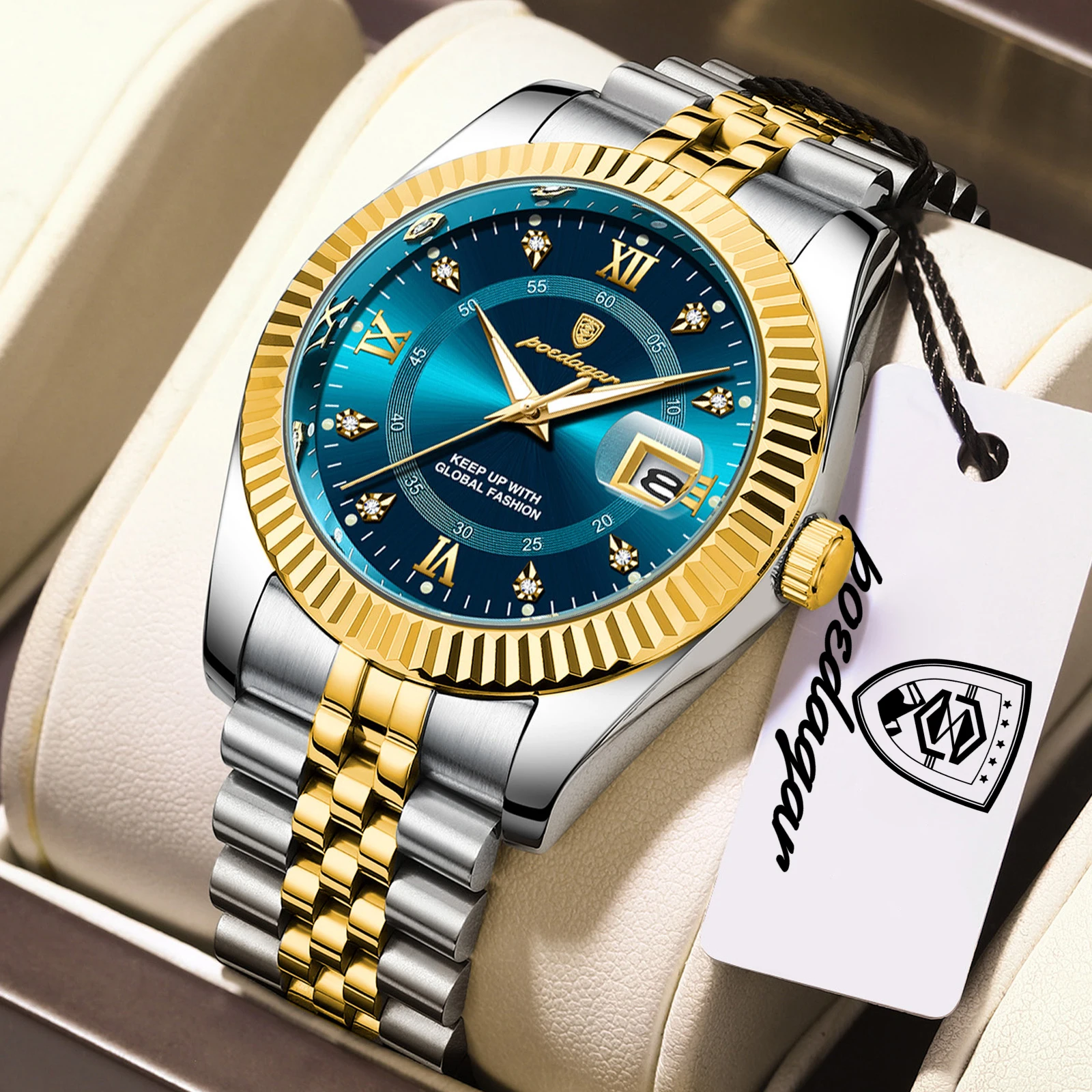 Relógio de quartzo masculino (dourado e azul), à prova d'água, luminoso, com dados, de alta qualidade.
