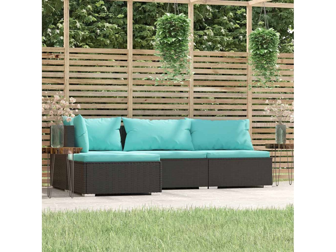 Vidaxl 4 Pcs Conjunto Lounge De Jardim C/ Almofadões Vime Pe Preto