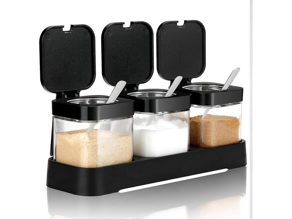 Jarra De Tempero De Vidro Transparente 3 Piezas Com Tampa E Colher, 8 Oz, Para Cozinha, Balcão, Despensa Preta