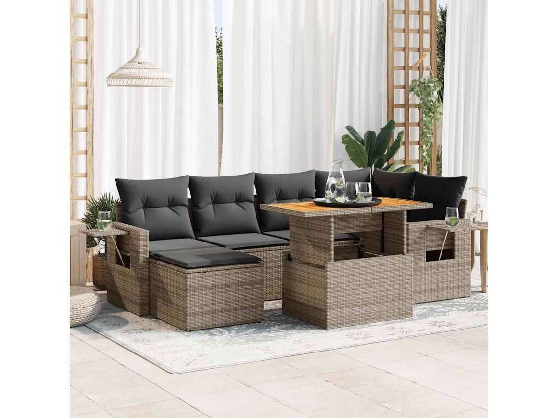 Vidaxl 7 Pcs Conjunto Sofás P/ Jardim C/ Almofadões Vime Pe Cinzento
