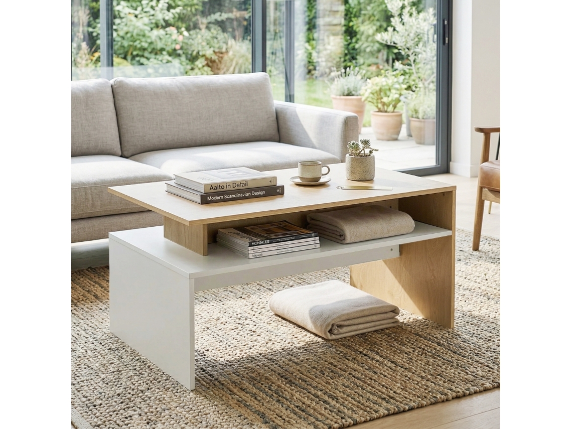 Mesa Baixa para Sala de Estar com Compartimento, 95x55x50 Cm, Cores Natural e Branco, Ideal para Organização e Estilo MEGA ECHO TRADE SHOP