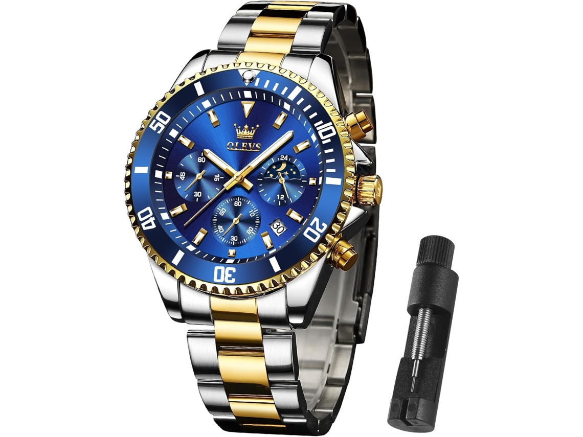 Lurelia Relógio Cronógrafo Masculino, Movimento De Quartzo, Data/calendário, Fase Da Lua, 42,5 Mm, Aço Inoxidável, Abs, Resistente À Água 30m, Azul