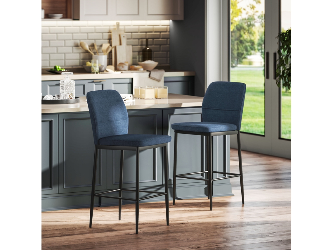 Conjunto de 2 Banquetas Altas com Estofamento em Veludo e Pés de Aço para Cozinha, Sala de Jantar Ou Bar, 41x52x97 Cm, Azul.