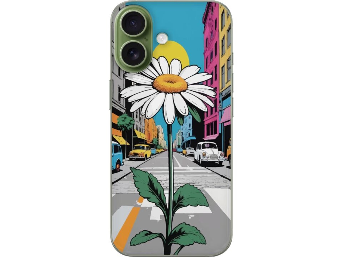 Capa Para Celular Compatível Com Apple Iphone 17. Grande Flor Em Rua Da Cidade Com Casas Coloridas E Estilo Retrô, Contraste Único Entre A Natureza E