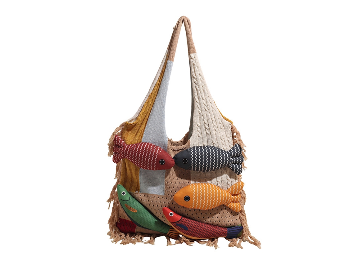 Mala De Ombro Tote Bag Feminina Em Malha Com Peixes E Franjas - Grande Capacidade - Estilo Lindo - Caqui
