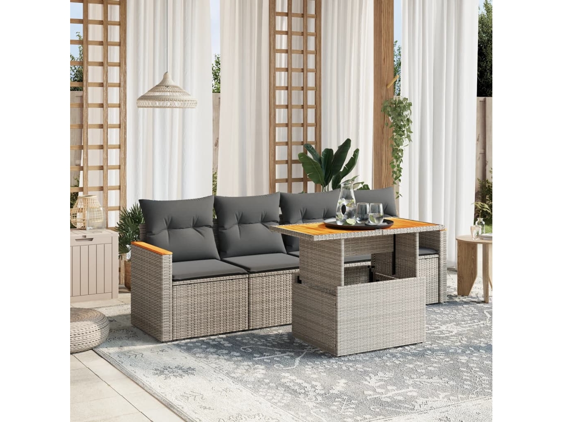 Jogo de Sofá Jardim 5 Peças C/ Almofadões Vime Pe Cinza Dkd Home Decor