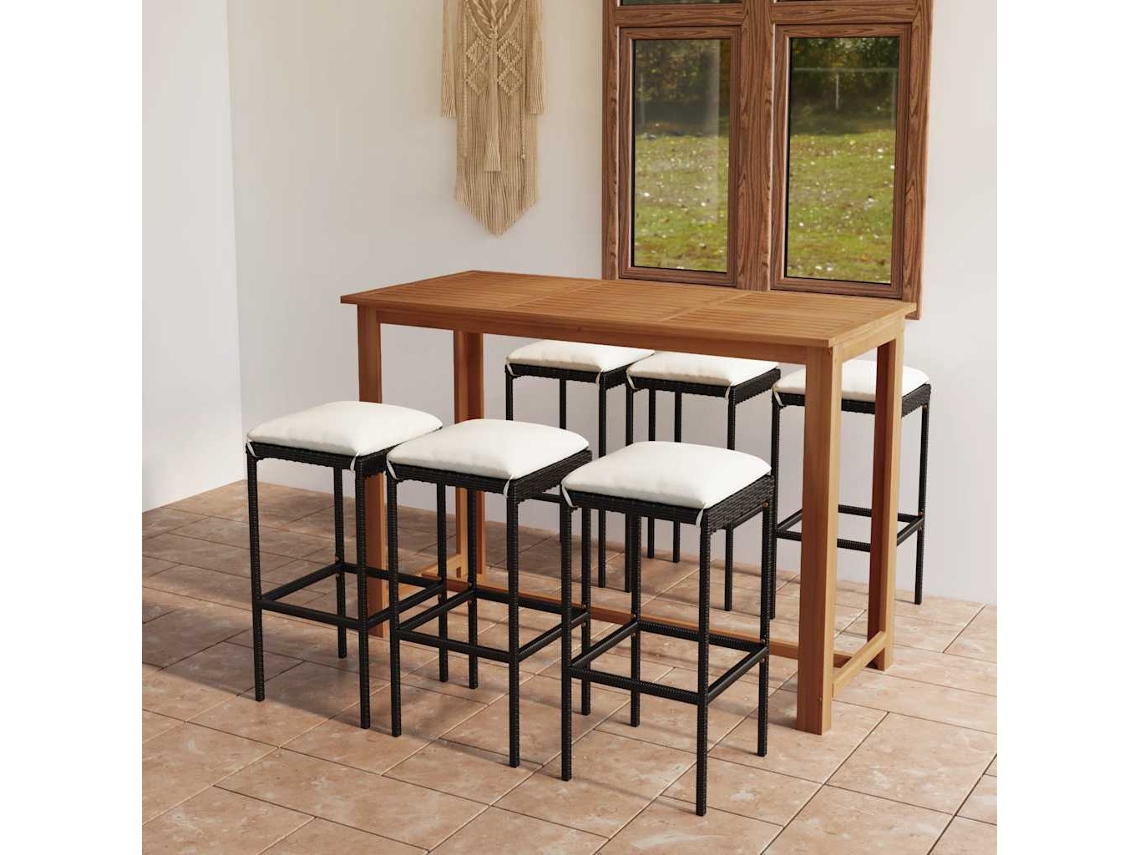 Vidaxl 7 Pcs Conjunto De Bar P/ Jardim Com Almofadões Preto