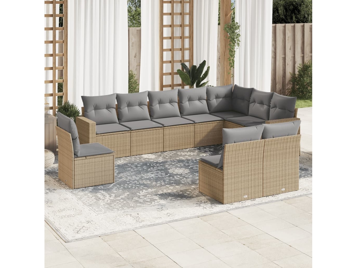 Vidaxl 10 Pcs Conjunto De Sofás P/ Jardim Com Almofadões Vime Pe Bege