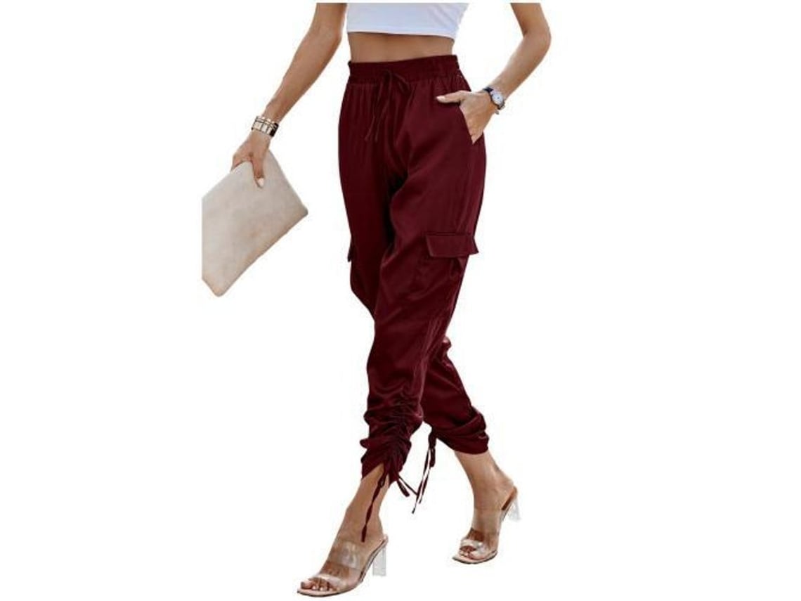 Calça jogger feminina Rebe de cintura alta, casual, em cetim, com bolsos, comprimento para relaxar, tamanho médio, cor vermelho vinho.