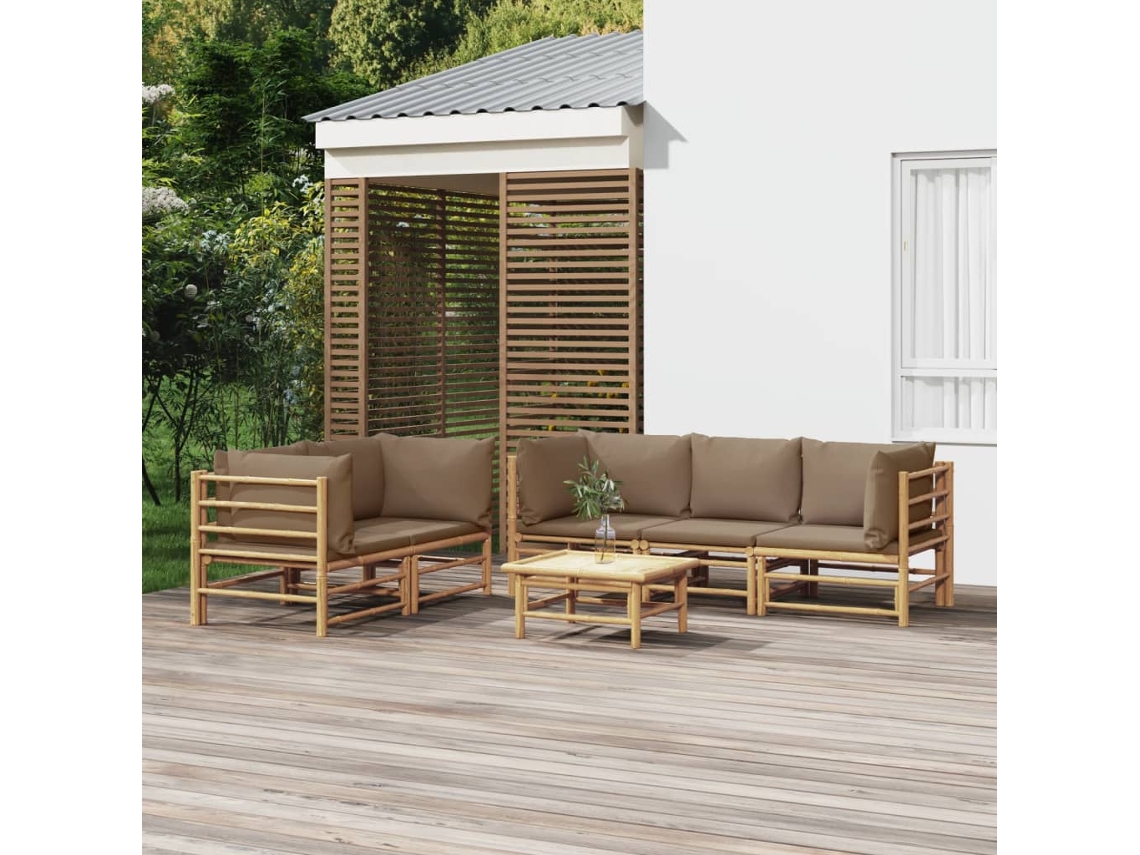 Vidaxl 6 Pcs Conj. Lounge Jardim Bambu Almofadões Cinzento-acastanhado