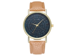Relógio masculino com mostrador céu estrelado, movimento de quartzo e pulseira de couro bege.
