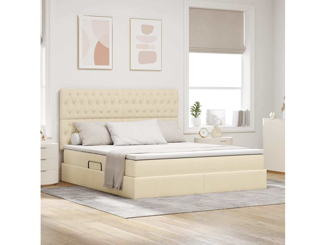Vidaxl Cama De Armazenamento Led Com Colchão Creme 180 X 200 Cm Tecido