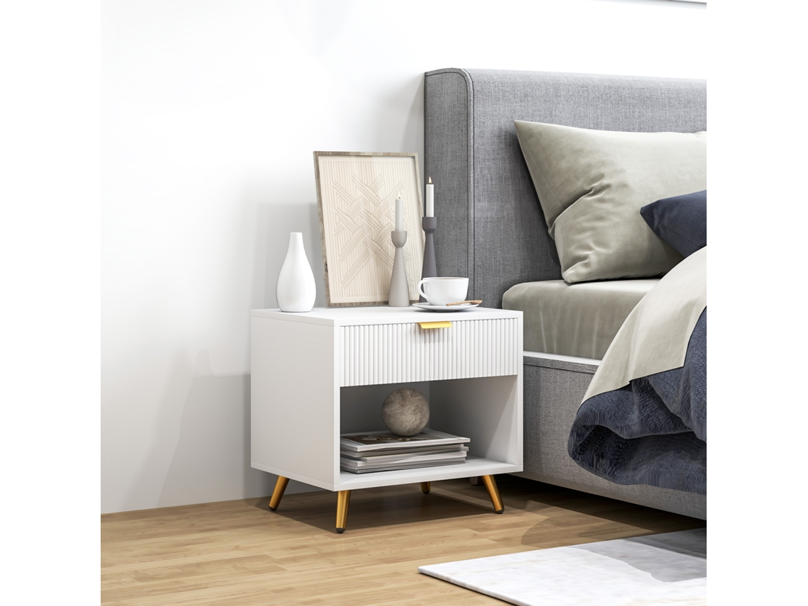 Mesa de Cabeceira Moderna com Gaveta Puxador Dourado e Compartimento Aberto 50x40x47 Cm Branco