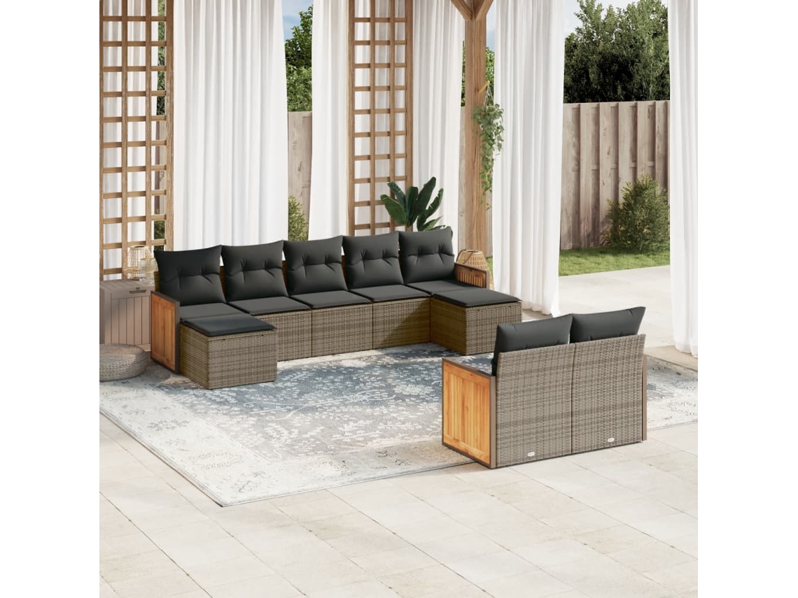 Vidaxl 9 Pcs Conjunto Sofás P/ Jardim Com Almofadões Vime Pe Cinzento