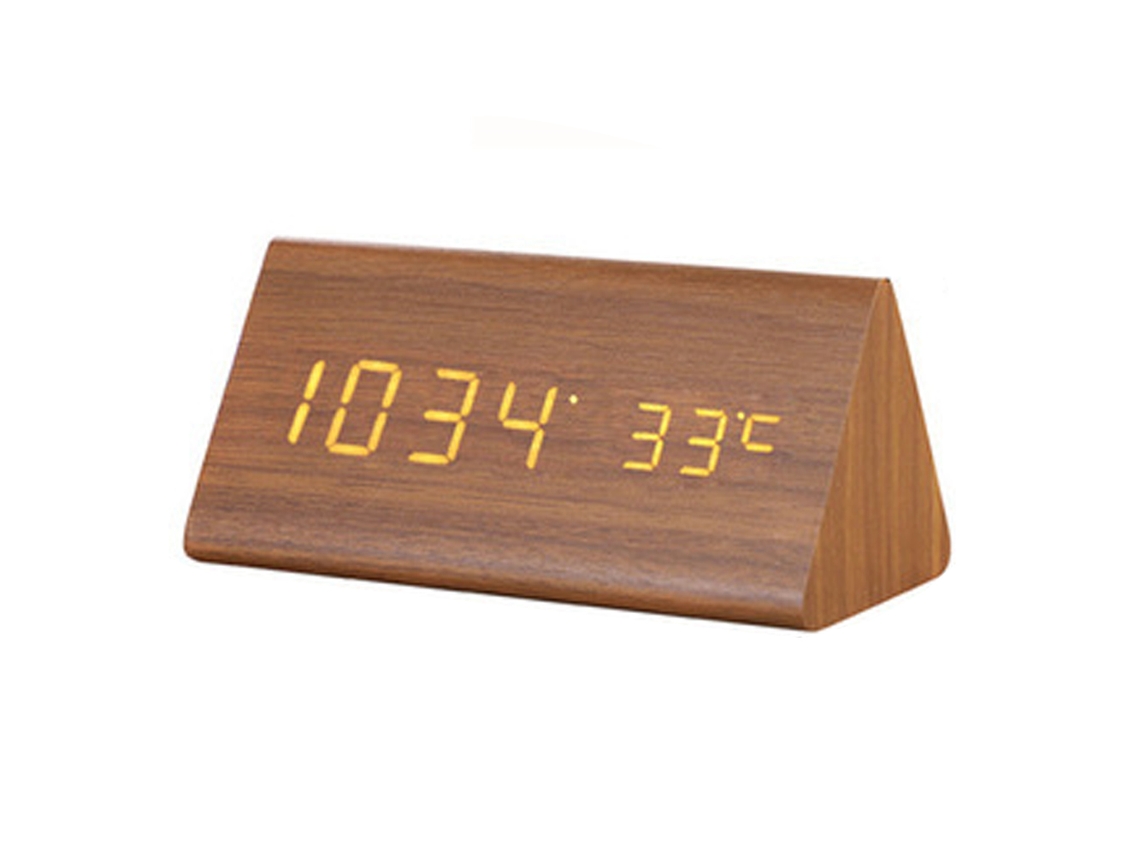 Relógio digital criativo de madeira com LED e calendário perpétuo. Brilvibera