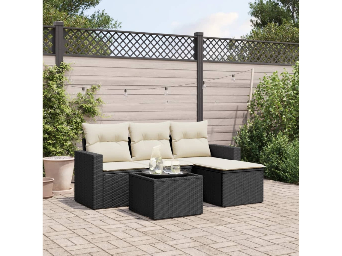 Vidaxl 5 Pcs Conjunto Sofás De Jardim Com Almofadões Vime Pe Preto