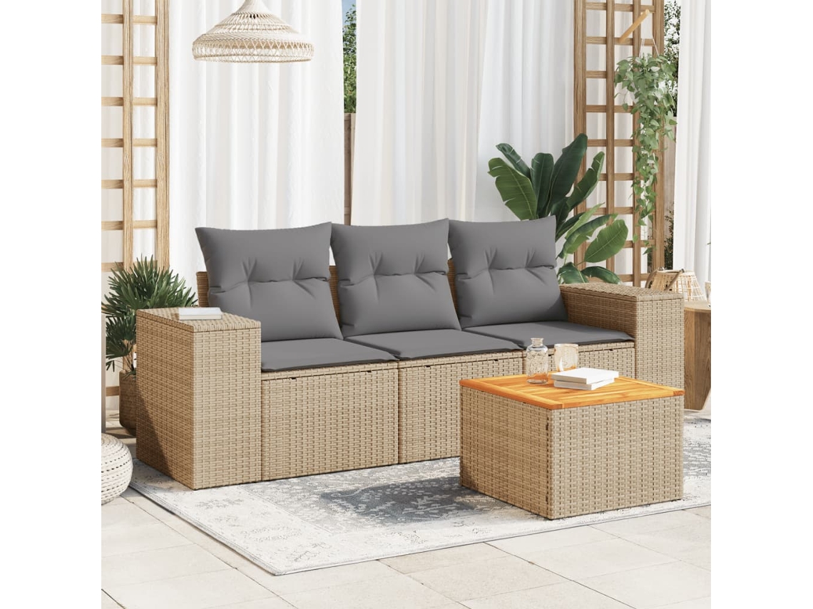 Vidaxl 4 Pcs Conjunto De Sofás Para Jardim C/ Almofadões Vime Pe Bege