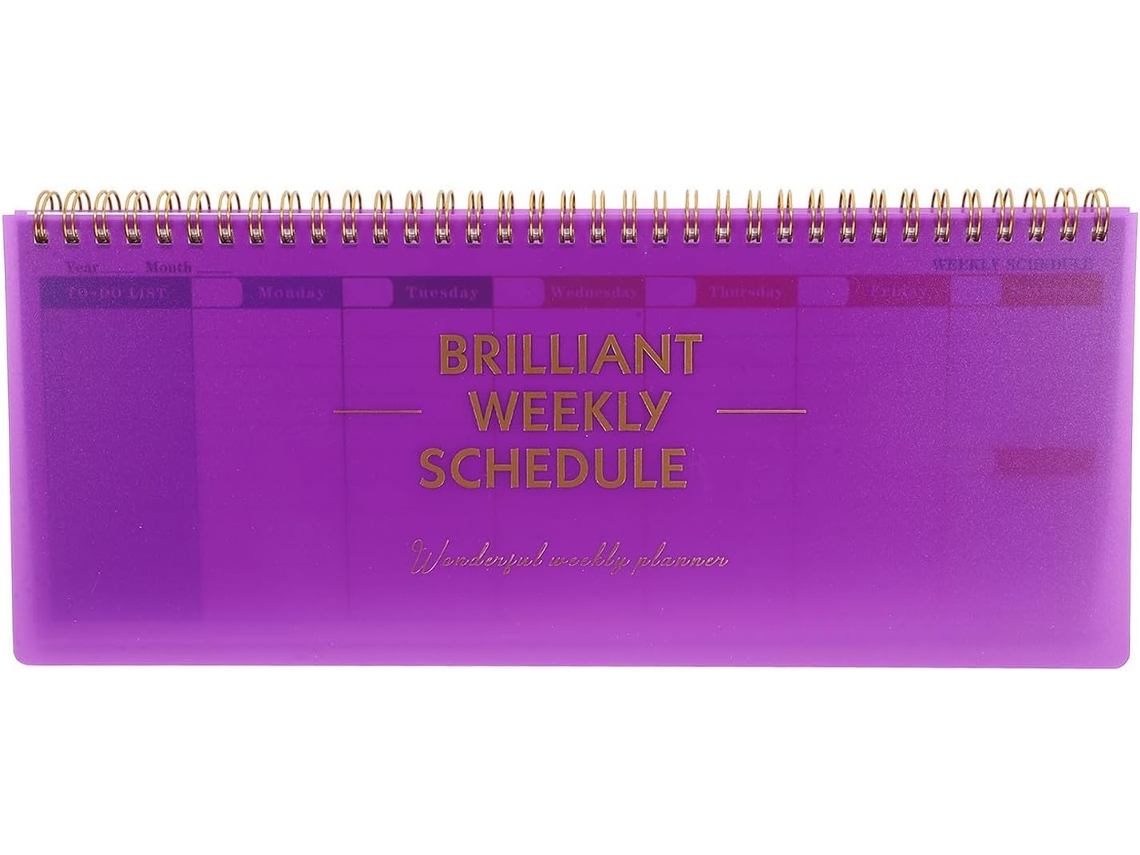 Agenda semanal sem data, em papel espiral roxo, para uso escolar, com layout horizontal.