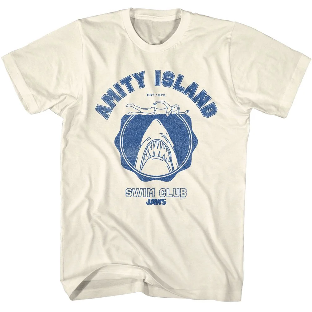 Rockinstone Jaws Movie Amity Island Swim Club Solid Natural Adult T-shirt Size:l