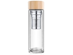 Garrafa Térmica De Vidro Borossilicato 450ml Com Infusor E Tampa De Bambu - 2 Camadas, Resistente A Arranhões