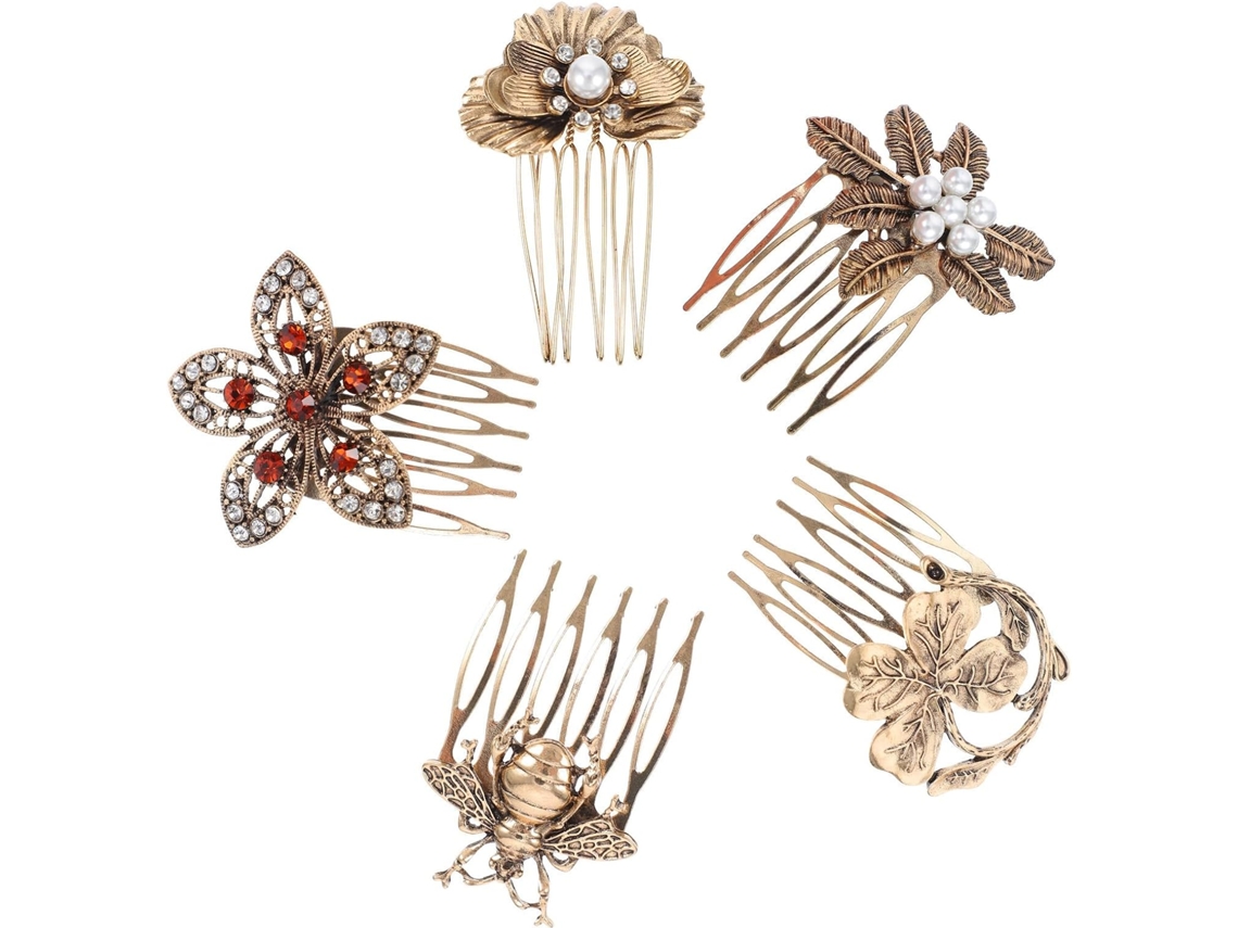 Conjunto De 5 Pentes De Cabelo Vintage Em Liga De Ouro, Polidos E Resistentes À Ferrugem.