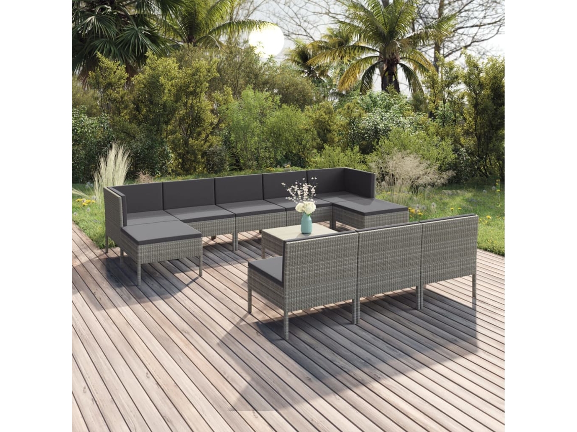 Vidaxl 11 Pcs Conjunto Lounge De Jardim C/ Almofadões Vime Pe Cinzento