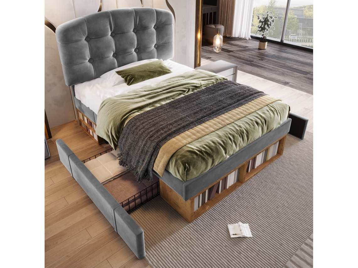 Cama estofada 90x200 cm, veludo cinza, ripas, cabeceira curva ajustável, gavetas, sem colchão VSOGA