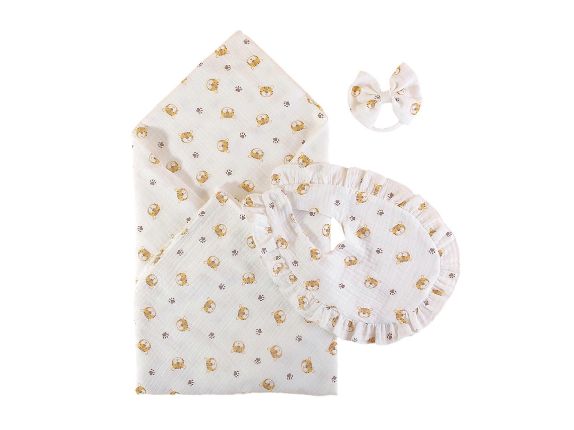 Conjunto de 3 mantas de algodão para bebês, manta para recém-nascido com babadores e laço, manta grande para receber bebês com babadores divertidos.