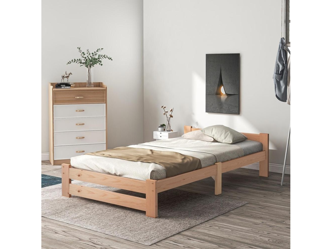 Cama Simples 90x200 Cm, Cama De Madeira Maciça Com Cabeceira, Estilo Minimalista, Natural