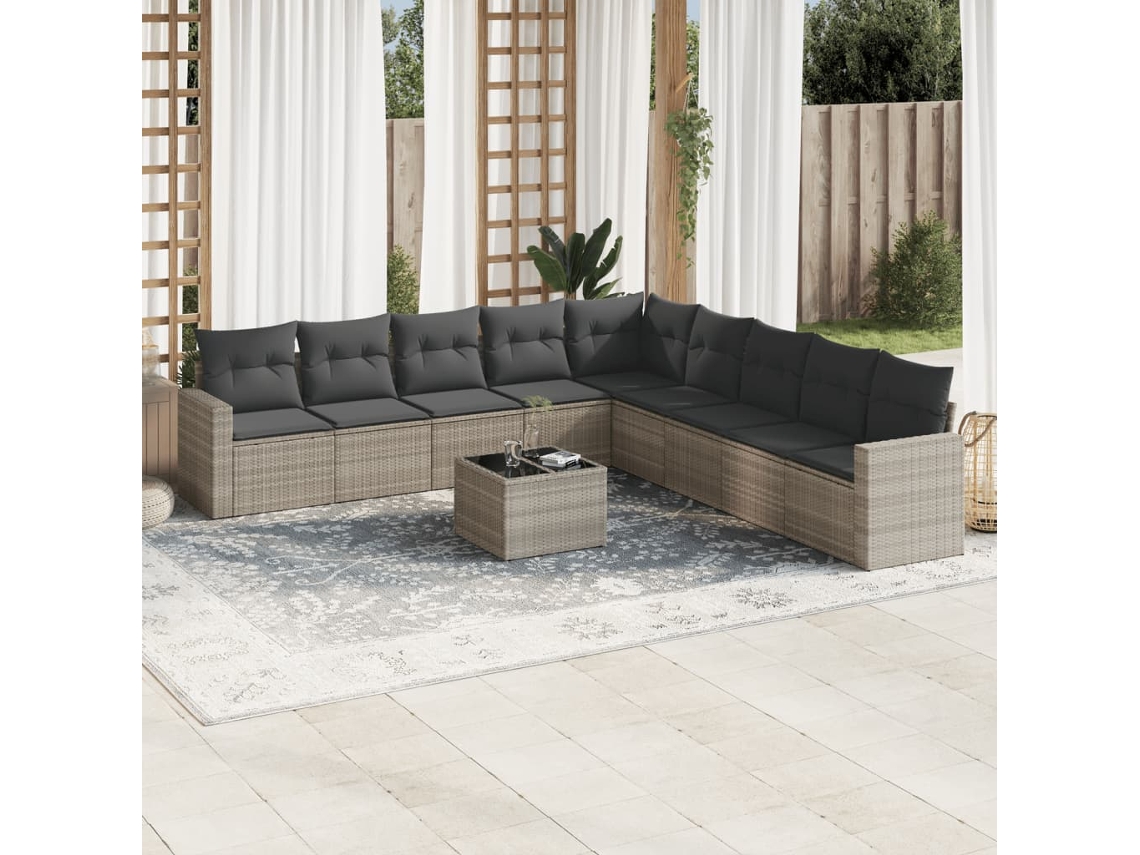 Vidaxl 10 Pcs Conj. Sofás Jardim Com Almofadões Vime Pe Cinzento-claro