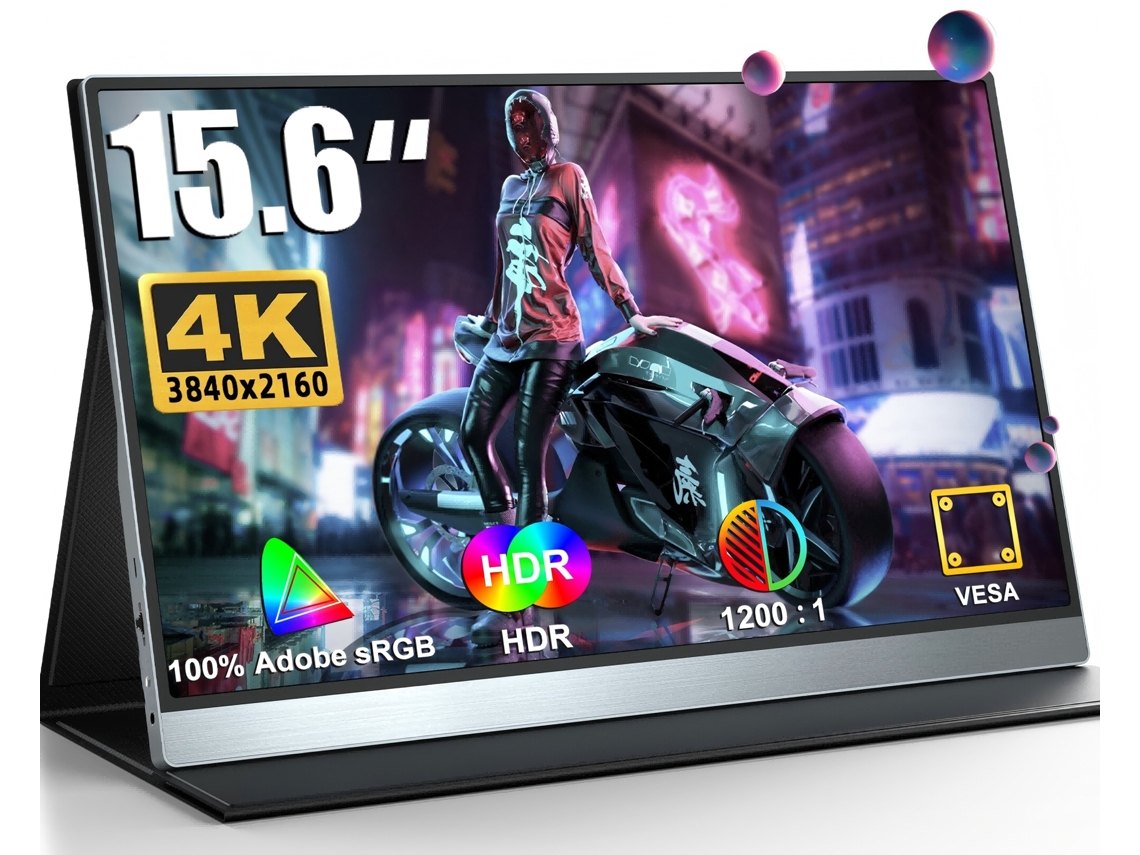 Monitor portátil QLED 4K UHD 3840x2160 HDR de 15,6 polegadas, com porta USB-C Full HD, Mini HDMI, padrão VESA 75x75.