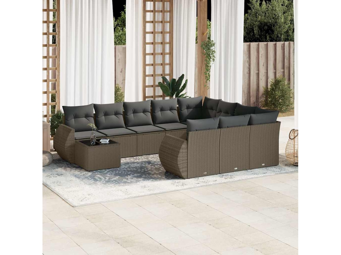 Vidaxl 11 Pcs Conjunto Sofás De Jardim C/ Almofadões Vime Pe Cinzento