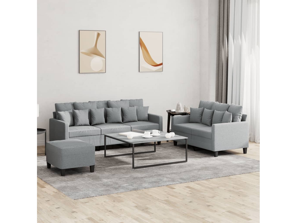 Vidaxl 3 Pcs Conjunto De Sofás Com Almofadões Tecido Cinzento-claro