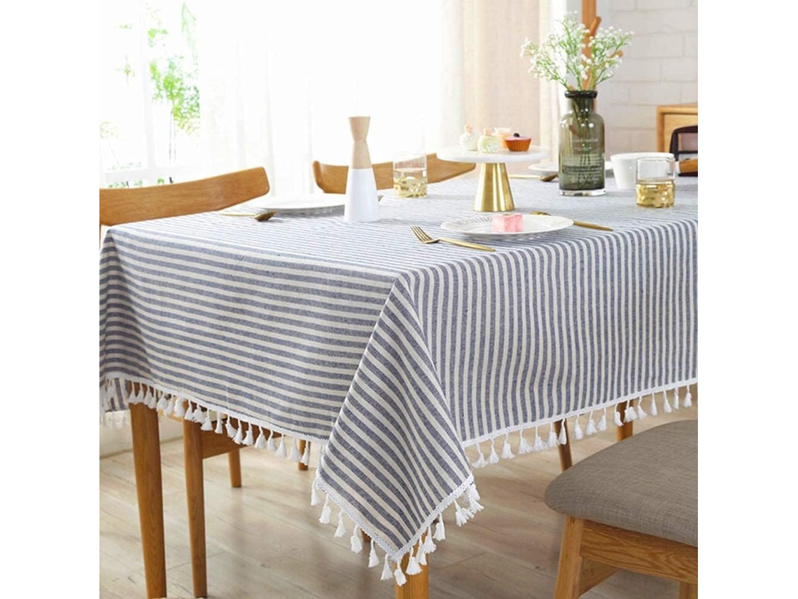 Toalha De Mesa Listrada Azul E Branca Com Borlas Em Algodão E Linho