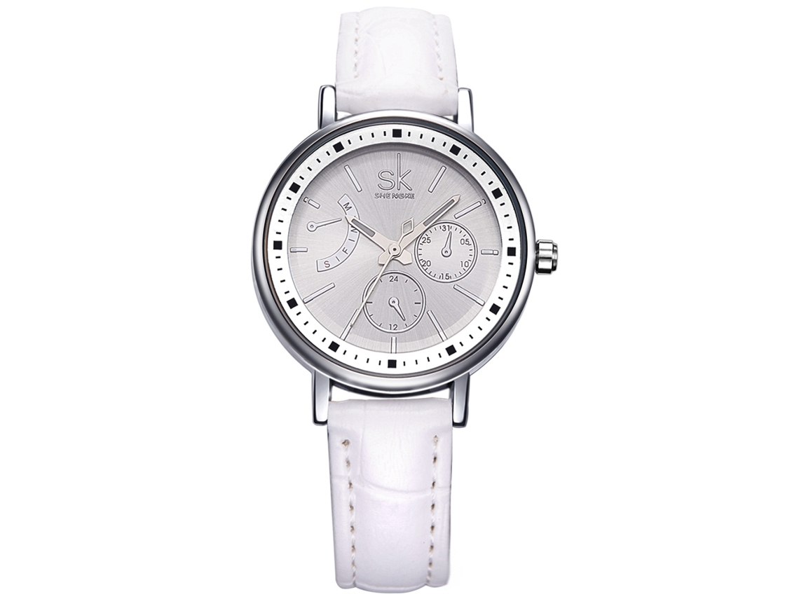 Relógio de Pulso Feminino Simples Sk de Quartzo com Pulseira Pu e Mostrador Analógico Redondo Branco