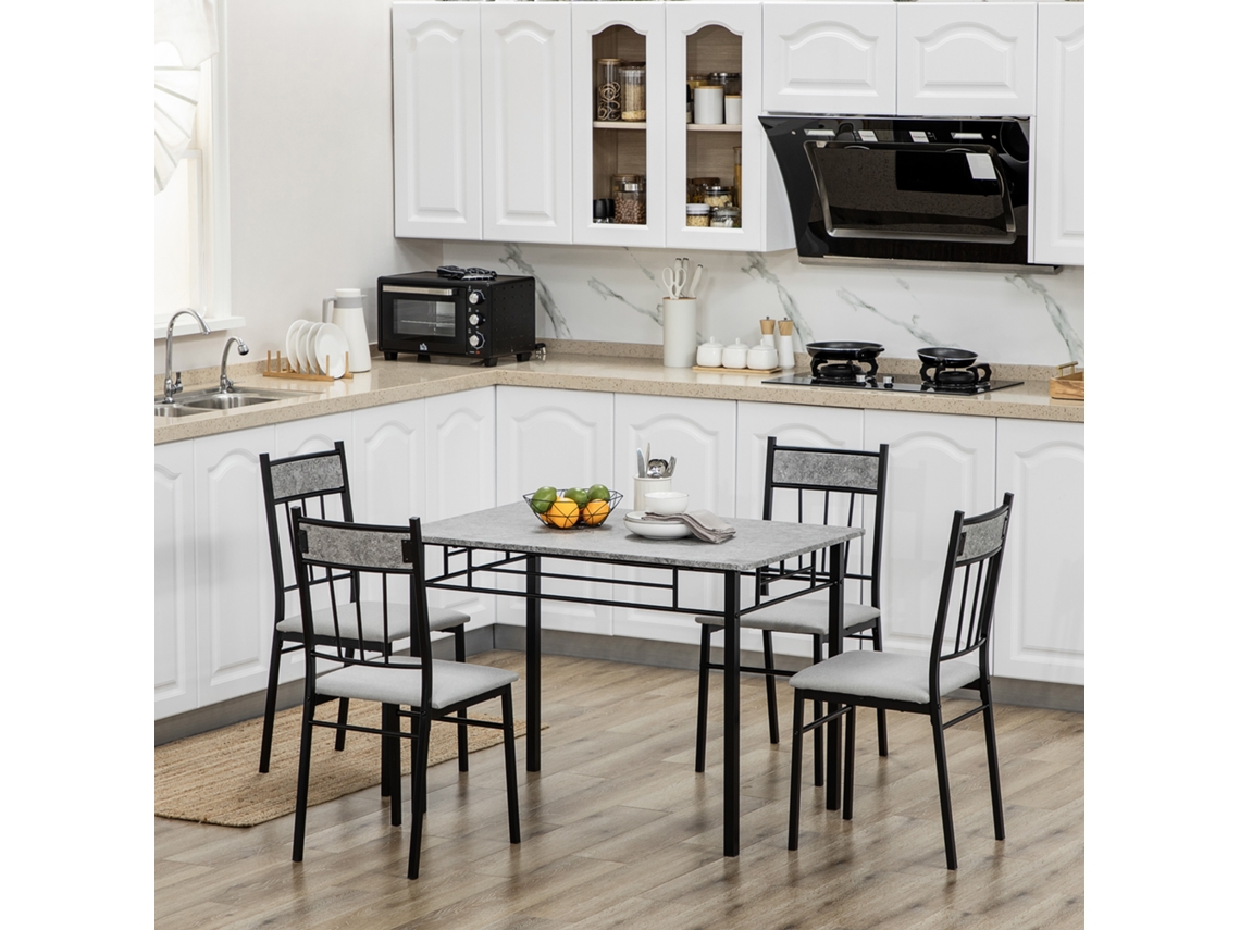 Conjunto De Mesa E Cadeiras De 5 Peças, Mesa De Jantar Retangular Em Metal E Mdf E 4 Cadeiras De Jantar Cinza E Pretas.