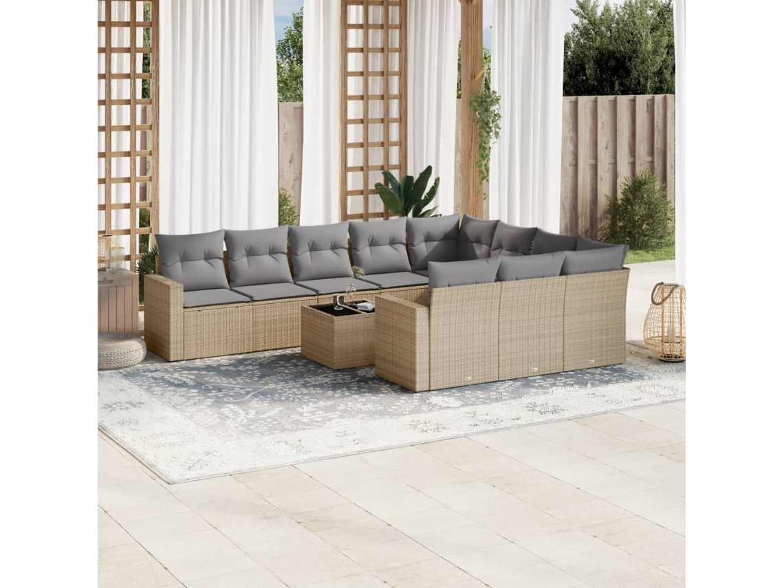 Vidaxl 11 Pcs Conjunto Sofás De Jardim C/ Almofadões Vime Pe Bege