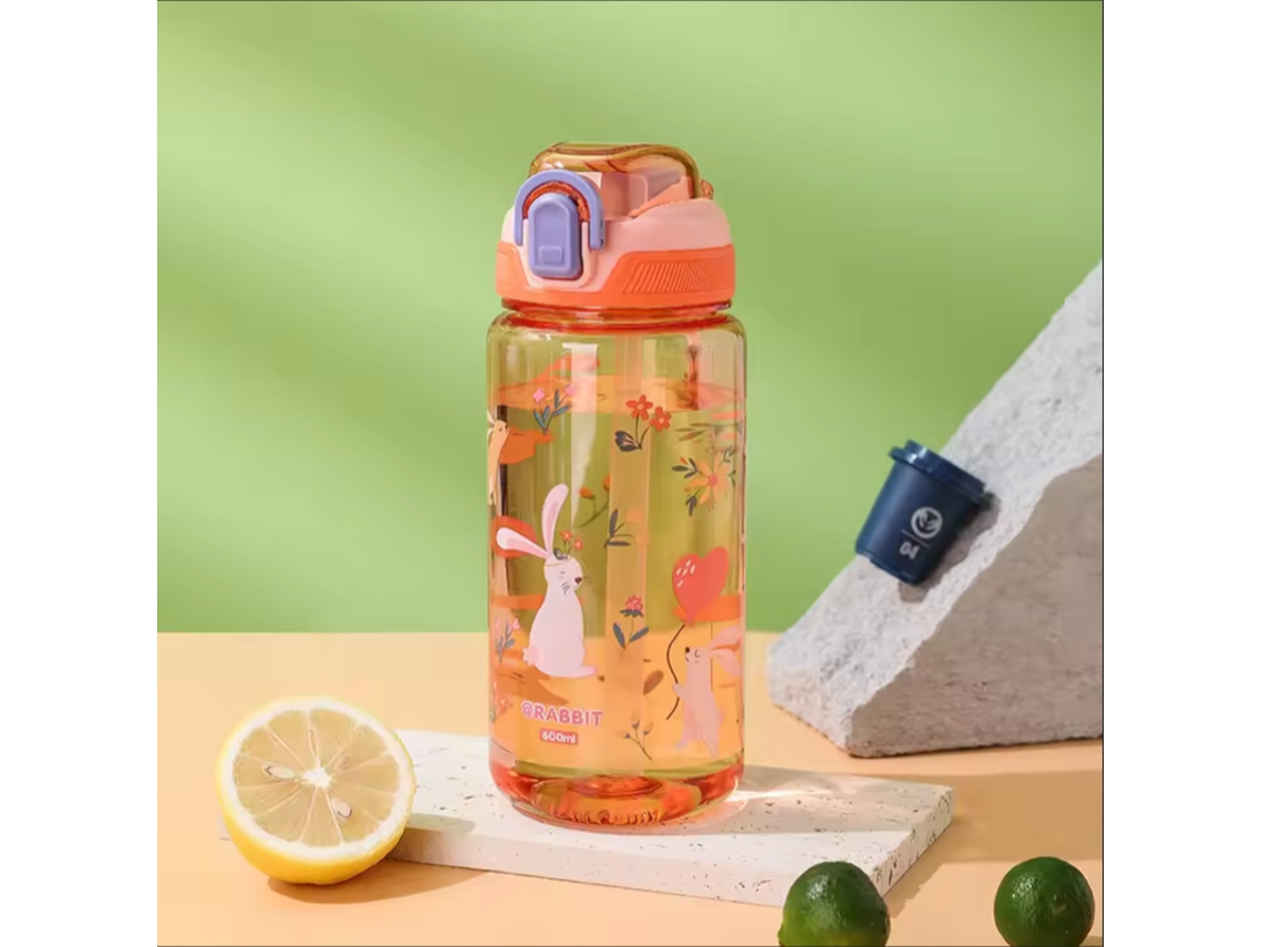 (laranja) Garrafa De Água Infantil De 600ml Com Alça De Ombro E Tampa À Prova De Vazamentos, Com Estampa De Desenho Animado.
