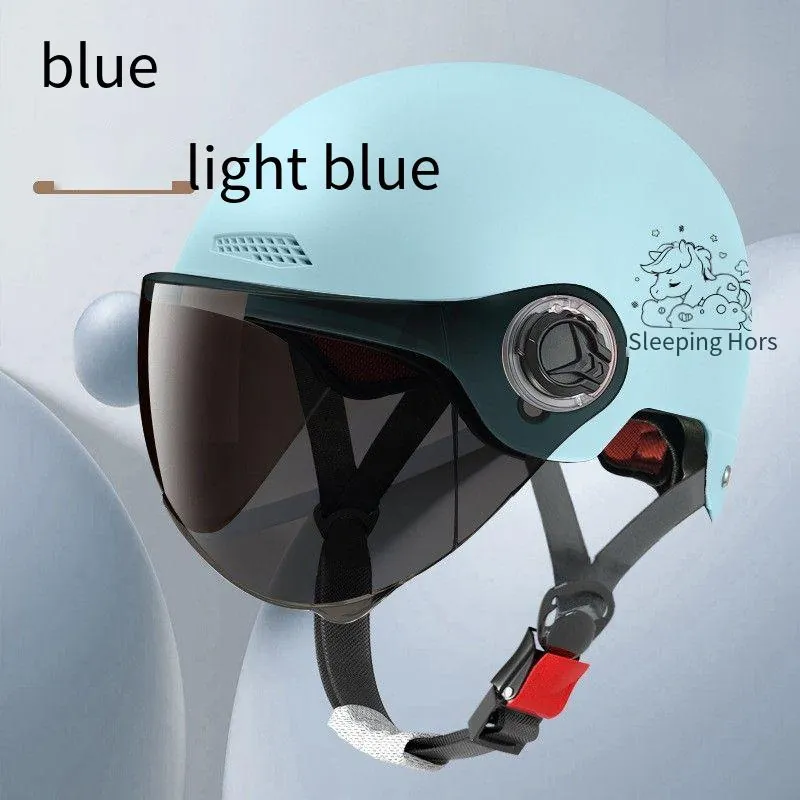 Capacete De Moto Elétrica - 28,5*25*21cm - Pequeno Cavalo Azul Claro (lente Marrom Curto)