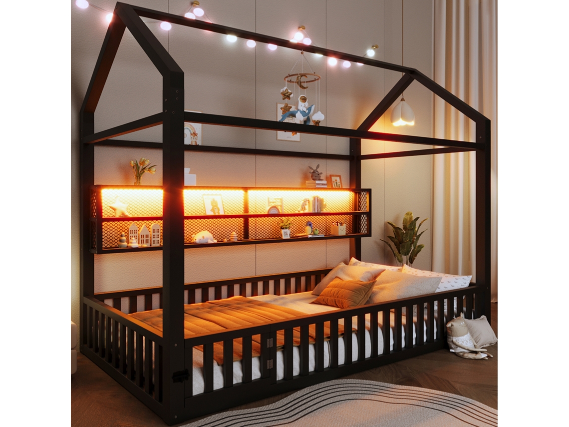 Cama Plataforma Casa 90x200 Com Cerca E Iluminação Led Preto