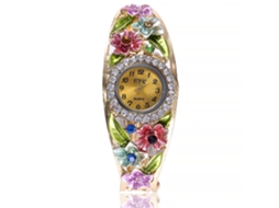 Relógio de Pulso Feminino Ccq de Quartzo com Mostrador Redondo e Decoração Floral de Rhinestones