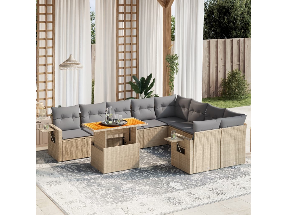 10 Pcs Conjunto De Sofás P/ Jardim Com Almofadões Vime Pe Bege Dkd Home Decor
