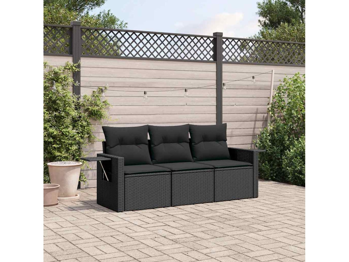 Vidaxl 3 Pcs Conjunto Sofás De Jardim Com Almofadões Vime Pe Preto