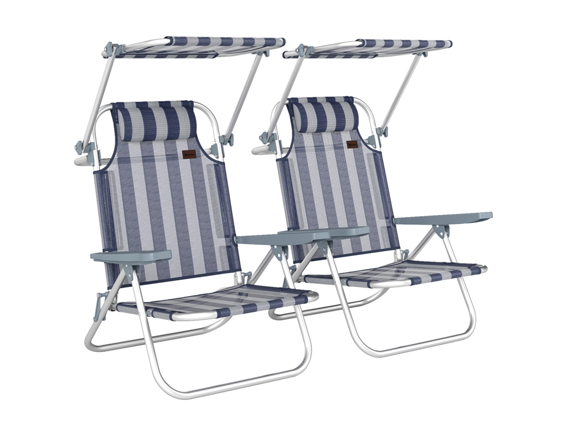 Conjunto de 2 cadeiras de praia dobráveis com dossel ajustável, encosto em 6 posições, apoio de cabeça, azul e branco BTFORUS