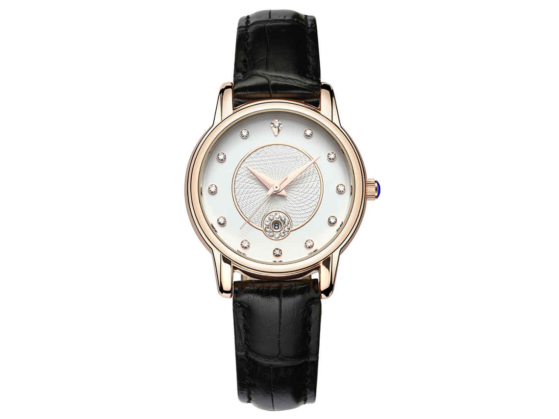 Relógio Feminino de Quartzo com Strass e Pulseira de Couro Preto