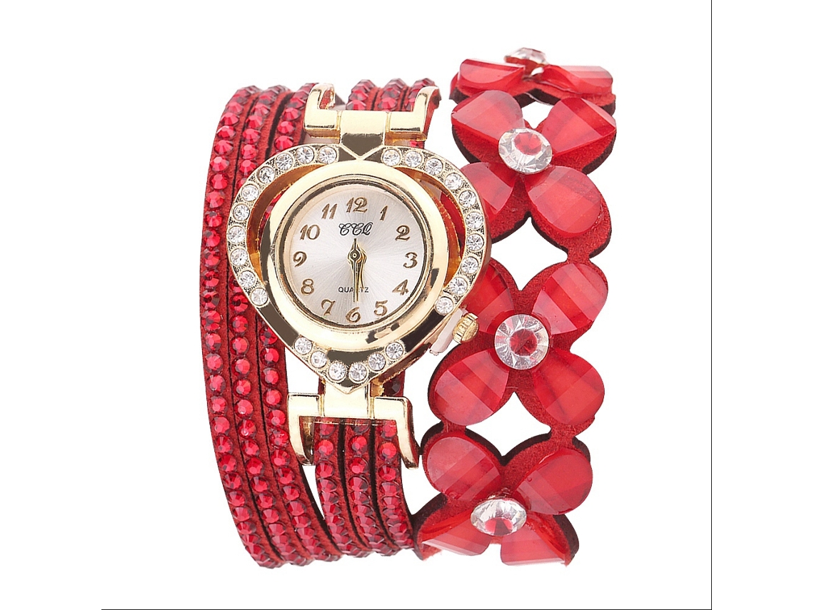 Relógio de Pulso Mulher com Pulseira de Camadas Múltiplas e Strass em Liga Vermelho