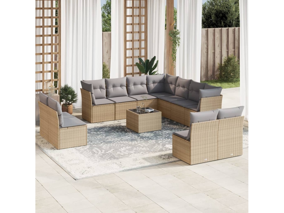 Vidaxl 12 Pcs Conjunto De Sofás P/ Jardim Com Almofadões Vime Pe Bege