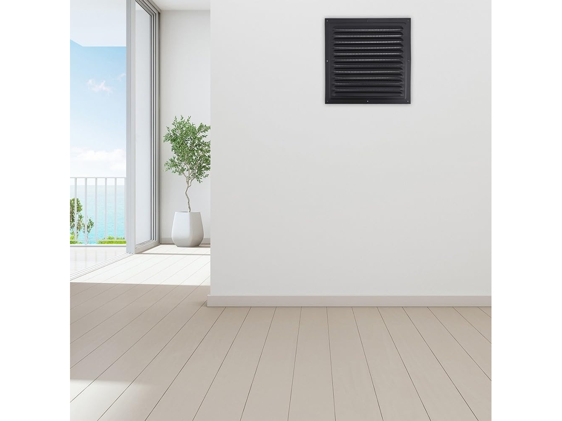Grelha De Ventilação Quadrada Alumínio Para Paredes Externas, 100 X 400 Mm, Cobertura Preta Com Manta Fibra