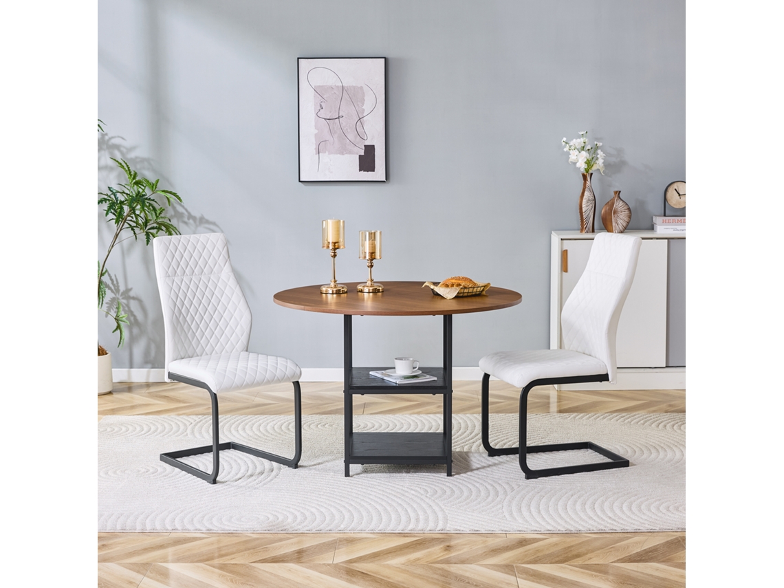 Conjunto Mesa Redonda 107cm 2 Níveis 2 Cadeiras Brancas Diamante Mdf Metal